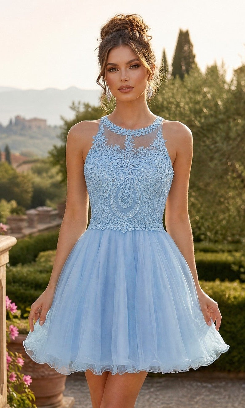 A woman stands outdoors against a backdrop of greenery and distant hills, wearing the Short Homecoming Dress: Chicas DM4002 in baby blue—a sleeveless fit-and-flare style featuring an embroidered bodice.
